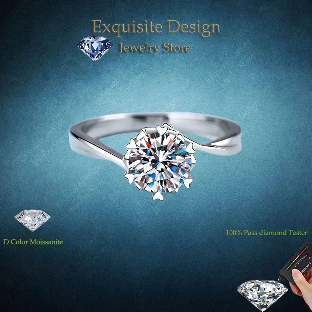 

Women Snowflake Heart shaped Six Claws Platinum Pt950 Wedding Band Twisted Engagement Rings 0.5/1/2CT Moissanite Diamond Gift