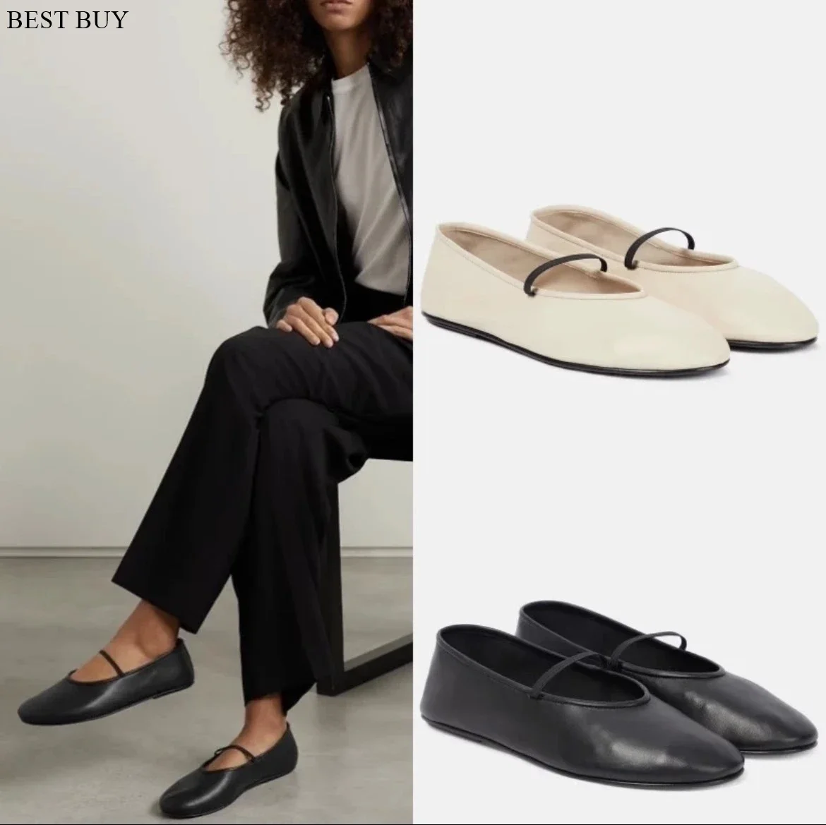 

The Elastic Ballet Slipper in Leather Full Soft Sheepskin Ballet Flats with Round Head for Women 100% Calfskin Upper and Lining