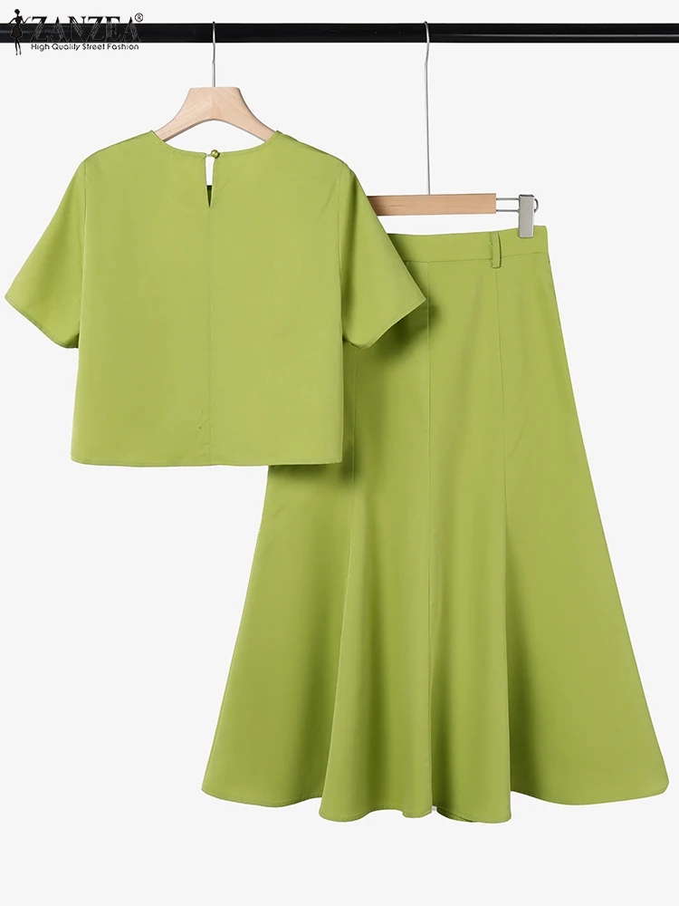 ZANZEA 반소매 오 넥 탑 통근 솔리드 2PCS 의상 A 라인 미디 스커트 Office 우아한 캐주얼 정장 여성 2 피스 세트