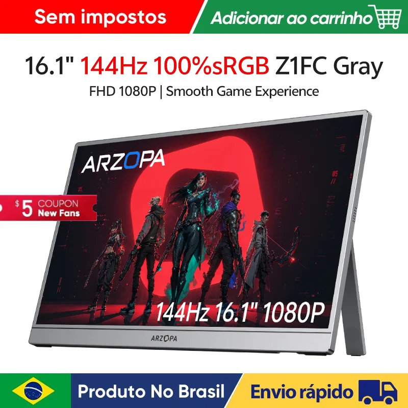 Monitor Gamer Portátil ARZOPA 16.1 polegadas 100% sRGB 144Hz com Display para Laptop, Type C e Mini HDMI para PS4/5, Steam Deck, Switch, PC e Mac