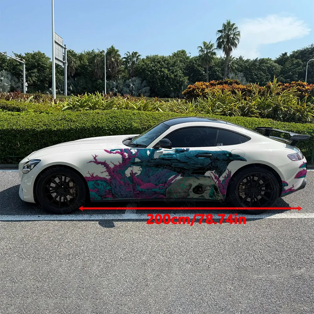 2pcs Blue Raven Skull Purple Flame Car Side Wraps, Self-Adhesive PVC Waterproof & Scratch-Resistant Stickers, Car Accessory Gift