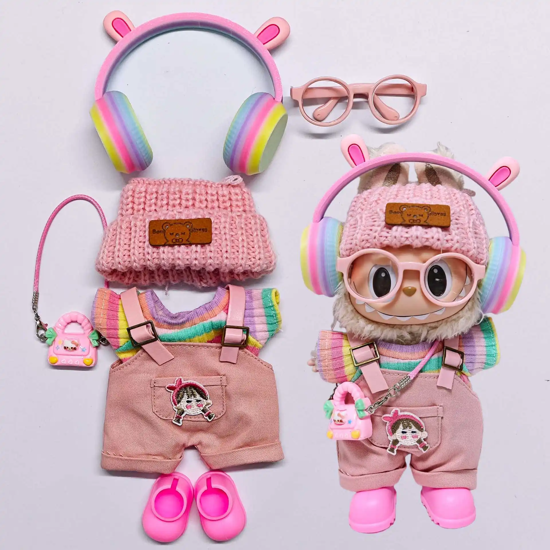 

17cm Labubu 1-3 Gen Doll Outfits | Pink Bib Pants Colorful Earphone Bear Hat Rain Boots Set | Clothes for Labubu Accessories