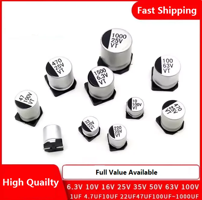 SMD 100UF 50V 35V 25V 16V 10V 150UF 220UF 330UF 470UF 1000UF 47UF 33UF 22UF 10UF 4.7UF 2.2UF 1UF Aluminum Electrolytic Capacitor