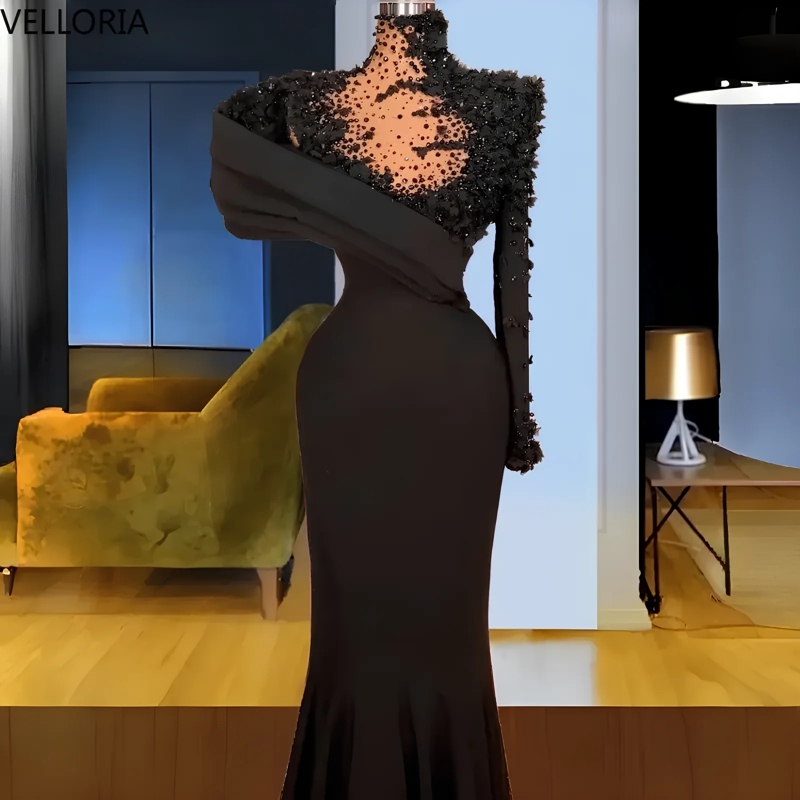 Formelles Schwarzes Abendkleid für Damen mit Hohem Kragen, Langen Ärmeln, Meerjungfrauen-Schnitt, für Festliche Anlässe, Luxuriöses Perlenbesetztes Plissiertes Ballkleid, Maßanfertigung