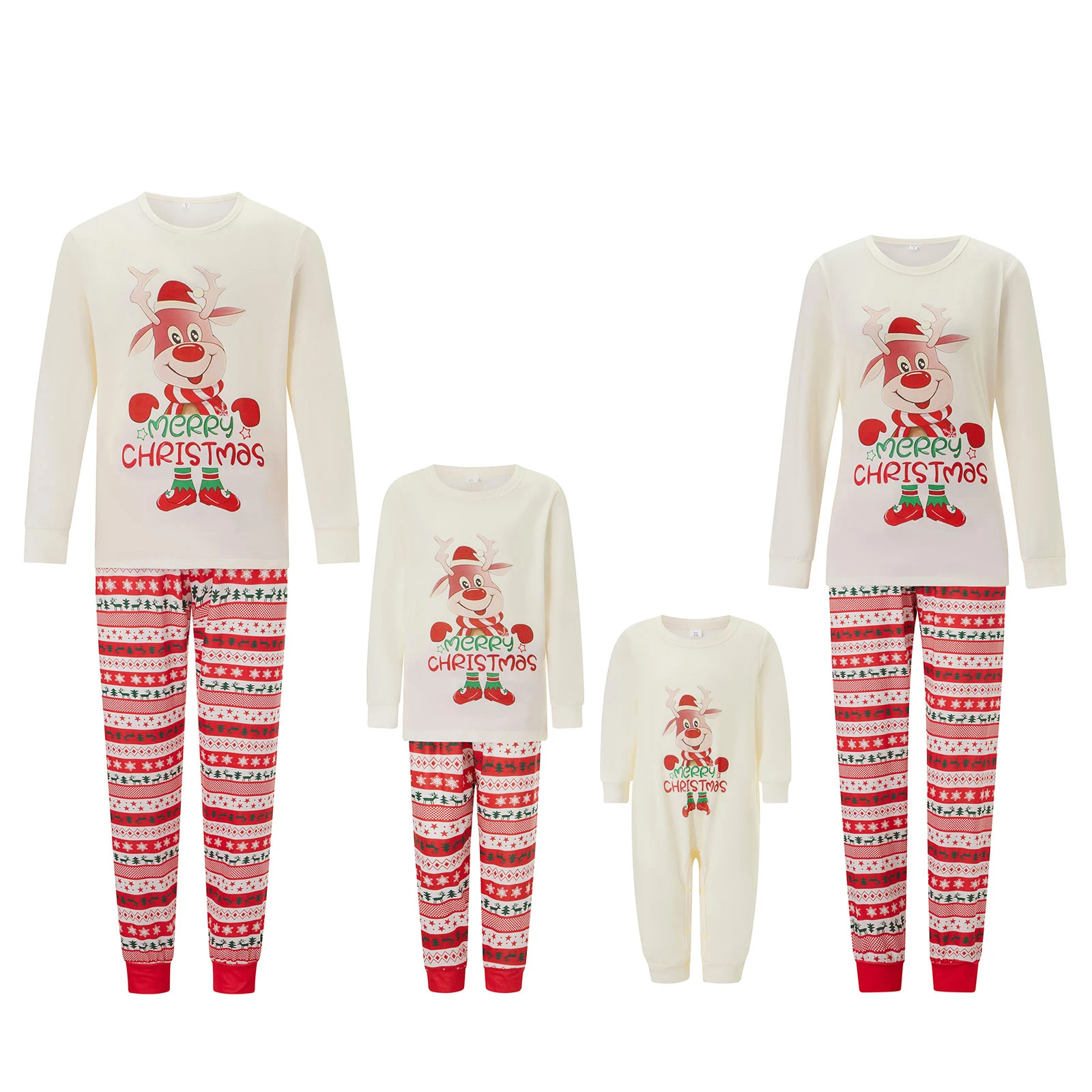 Christmas Family Pajamas Matching Set Long Sleeve Bear Print T-shirt with Lights Print Pants Sleepwear Loungewear