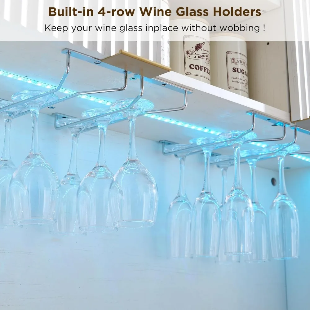 Gabinete de bar de vinos de 72" de alto con aparador de almacenamiento, gabinete de bar de café estriado de madera moderno con luces LED y estante de almacenamiento de 10 niveles y
