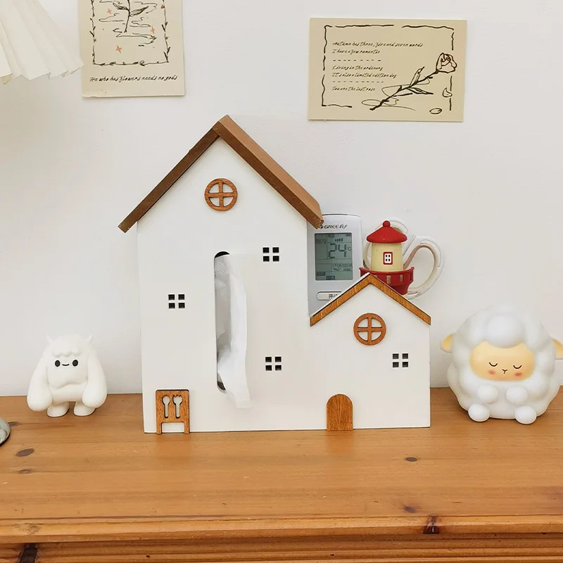 

‌ Кремовый эстетический держатель для салфеток, мини-бумажная коробка в форме дома, органайзер для хранения с дистанционным управлением, милый настольный декор, акцент для рабочего стола