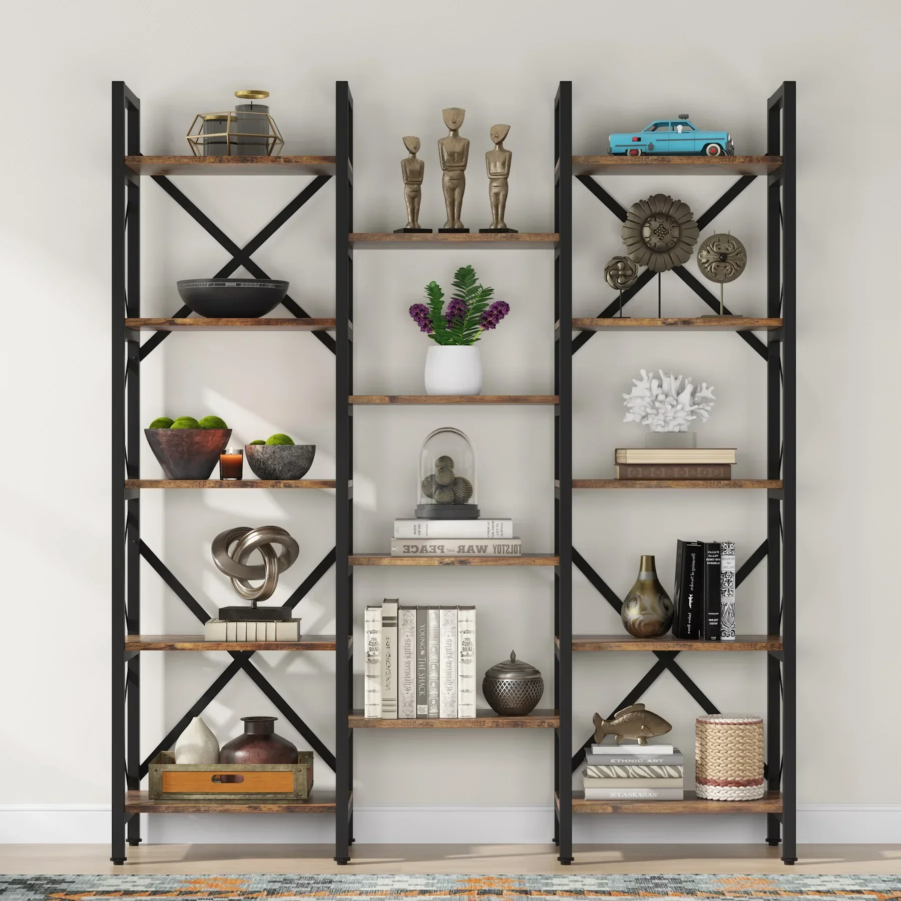 Tribesigns Triple Wide 5-Shelf Bookcase Industrial Etagere Bookshelf with 14 Open Shelves for Home Office