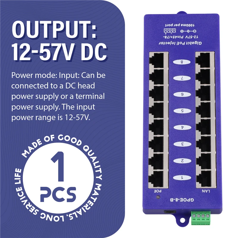 ABAC-Gigabit 8-Port-PoE-Injektor Mid-Span-PoE-Injektor Modus B für Mikrotik UBNT CCTV-Netzwerk zur Wandmontage