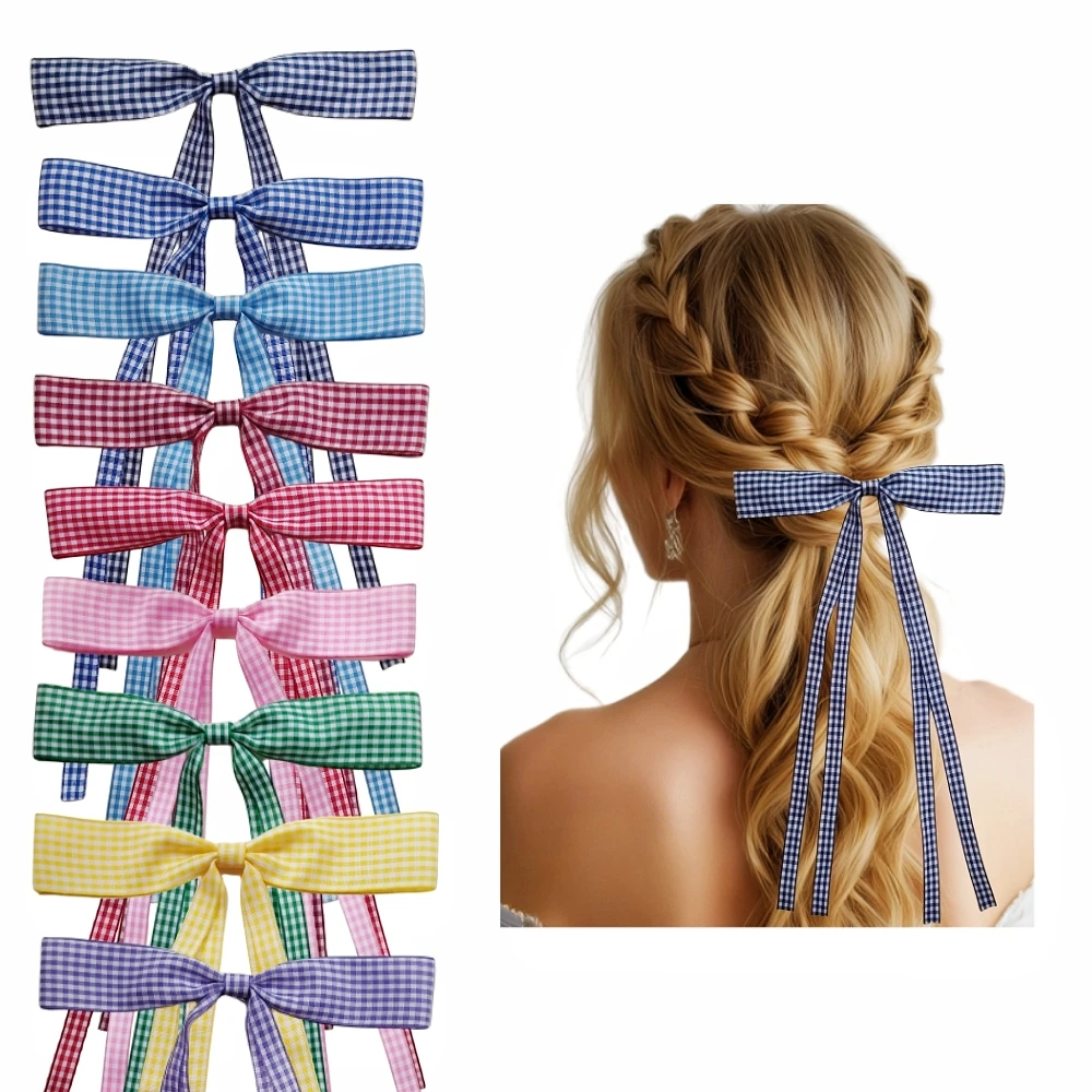 

10pcs Women Bow Hair Alligator Clip Elastic Hairband With Long Tail Streamer Tassel Gingham Plaid Ribbon Girls Bowknot Barrettes