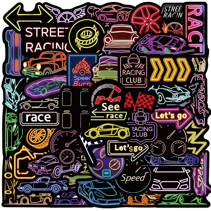 50PCS Cool Neon Neon Light Racing Car Stickers Aesthetics Decoration Bicycles Helmets Guitar Stationery Suitcases Decals Kid Toy