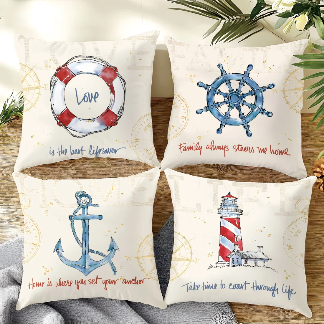 1/4pcs Nautical Coastal Throw Pillow Covers Navy Blue Anchor Lighthouse Lifebuoy Steering Wheel Decorative Cushion Cases