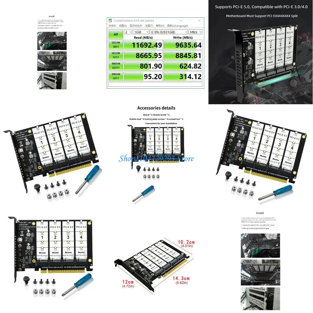 Y2GD Professional PCIe Expansion Card for 4 M.2 NVMe SSDs PCIe x16 LED Indicators No Blocking