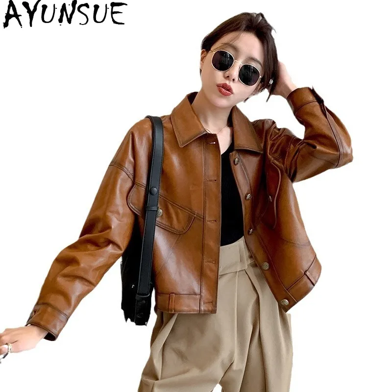 AYUNSUE Real Leather Jacket Woman Korean Fashion Sheepskin Coat for Women Clothes 2026 Black Brown Short Style Дубленка Женская