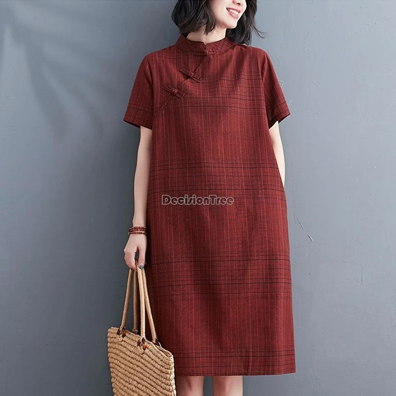 2024 vintage summer loose improved qipao dress short sleeved button up cotton hemp vestido graceful daily chinese style clothing