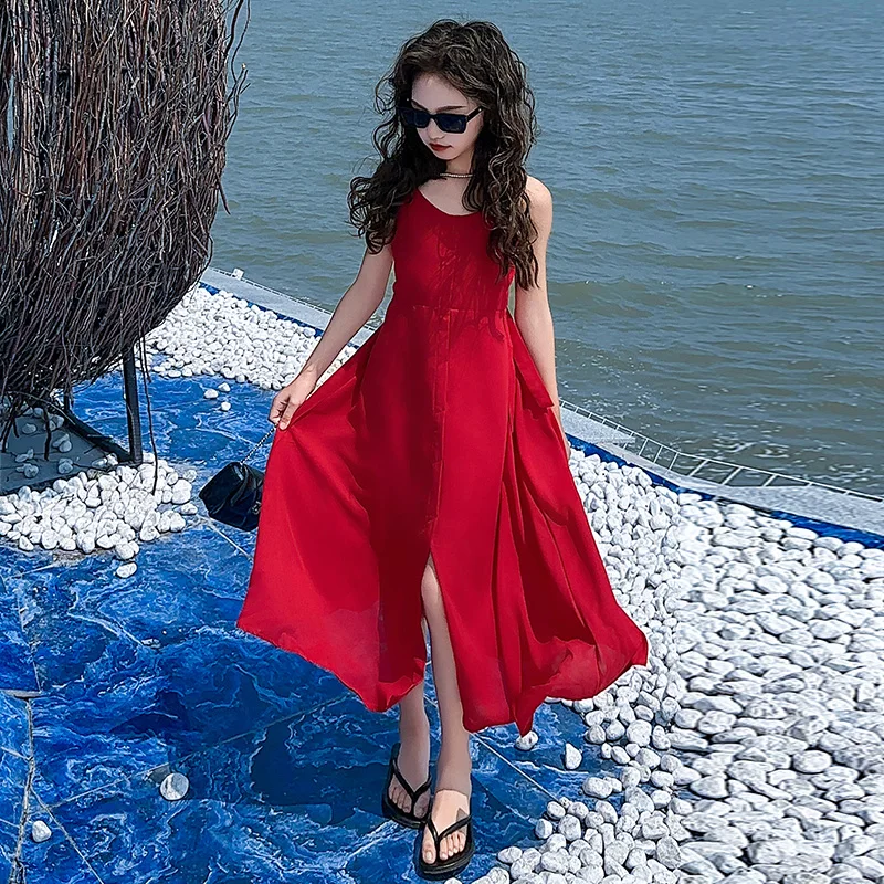 New vacation style junior girls long vest dress teenage kids Red hollow back strap sleeveless formal maxi dresses child clothes