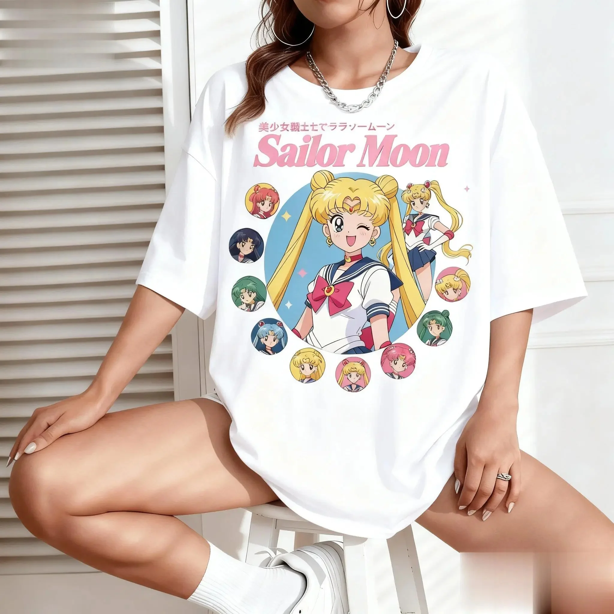 Manga corta holgada con estampado 3D de Sailor Moon, disponible en varios colores, perfecta para el guardarropa de su dulce niña