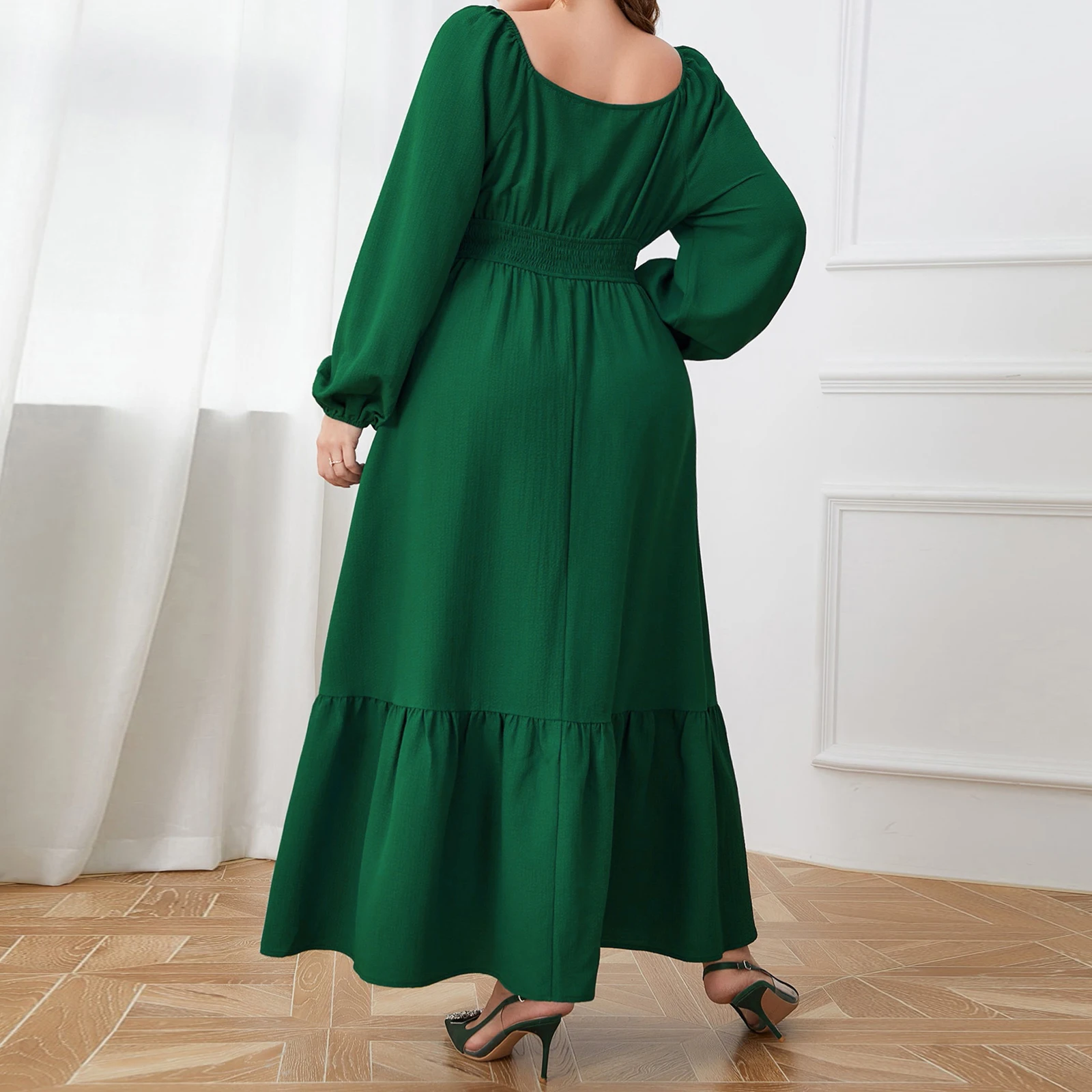 2025 Vroege herfst dames midi-jurk met V-hals, lange mouwen, effen kleur, knoopsluiting aan de voorkant, grote maten, vloeiende jurken