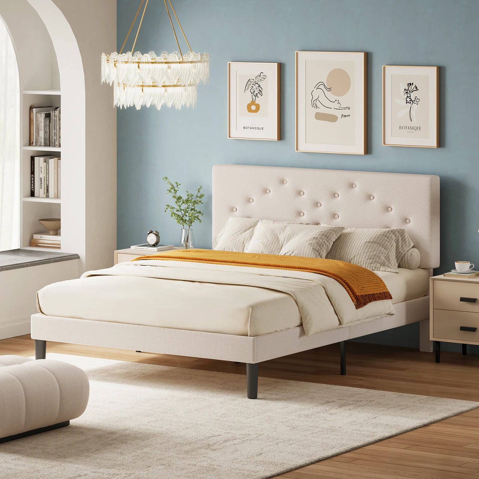 

JHK Queen Full Size Bed Frame with Upholstered Headboard Fabric Platform Bed Frame with Wood Slats Support and Heavy Duty Feet