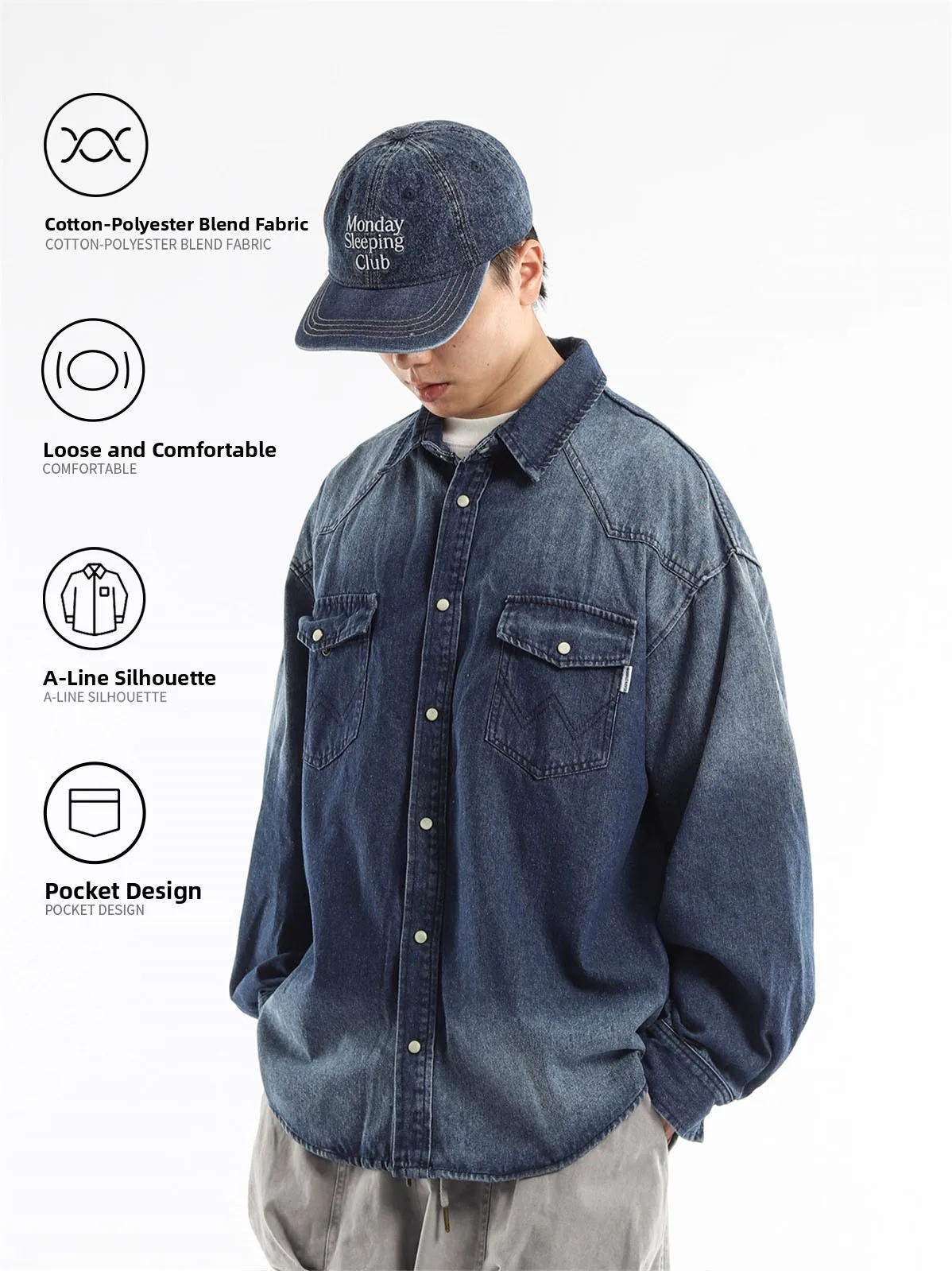 Washed Denim Long Sleeve Shirt Casual American Style Gradual Bleaching Loose Collar Couple Outerwear Workwear Cotton Polyester