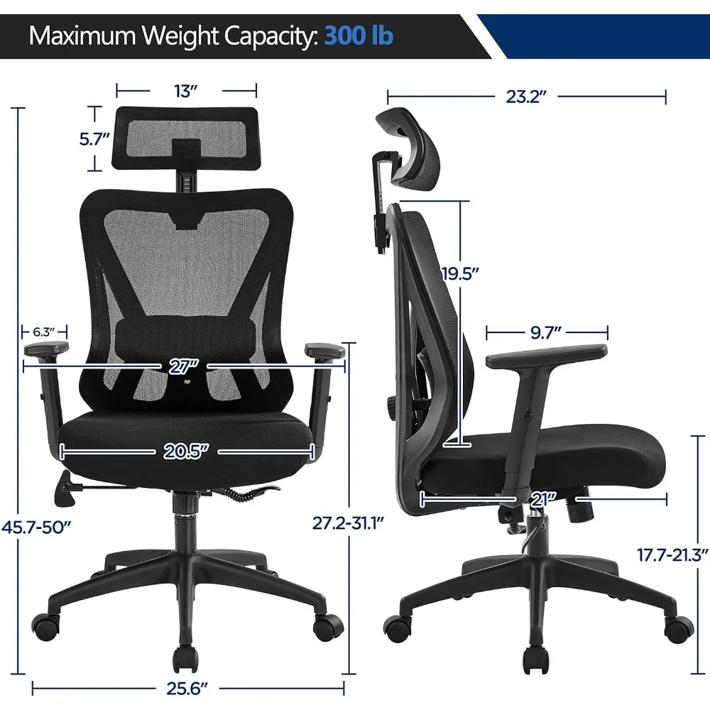 Ergonomic Office Desk Chair High Back Mesh Computer Study Chair with Lumbar Support Adjustable Armrest, Backrest and Headrest