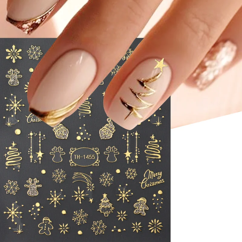 2pcs Golden Christmas Nail Art Stickers Sparkling Snowflake Bowknot Adhesive Sliders New Year Santa Tree Manicure Decals Decor