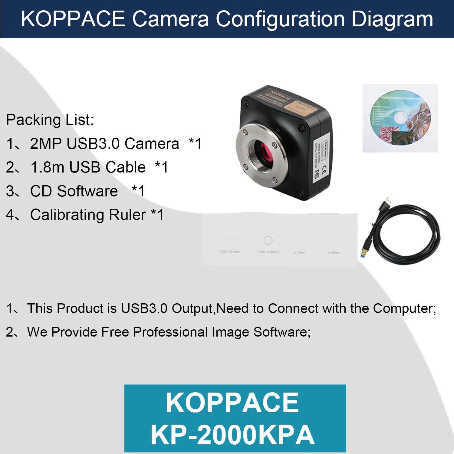 كاميرا KOPPACE 2 ميجابكسل صناعية USB3.0 توفر برنامج قياس الصورة يدعم الصورة والفيديو