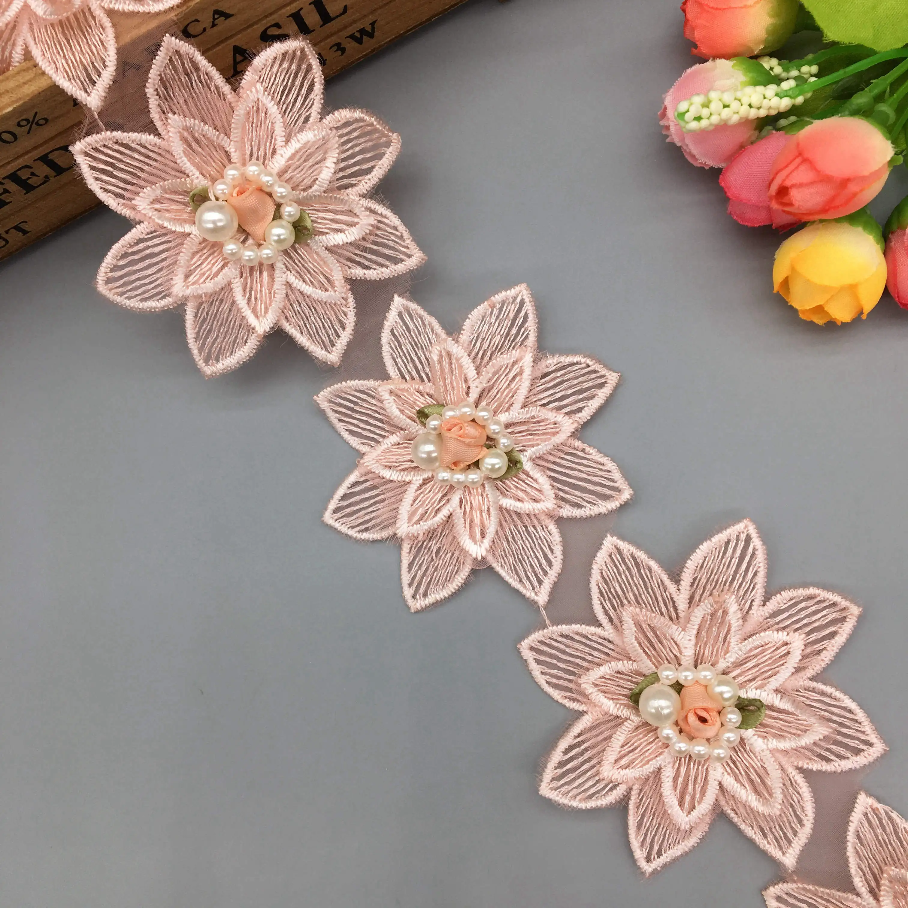 1 Yard Pink 7x7cm 3D Pearl Beaded Flower Embroidered Lace Trim Ribbon Fabric Handmade DIY Wedding Dress Sewing Supplies Crafts