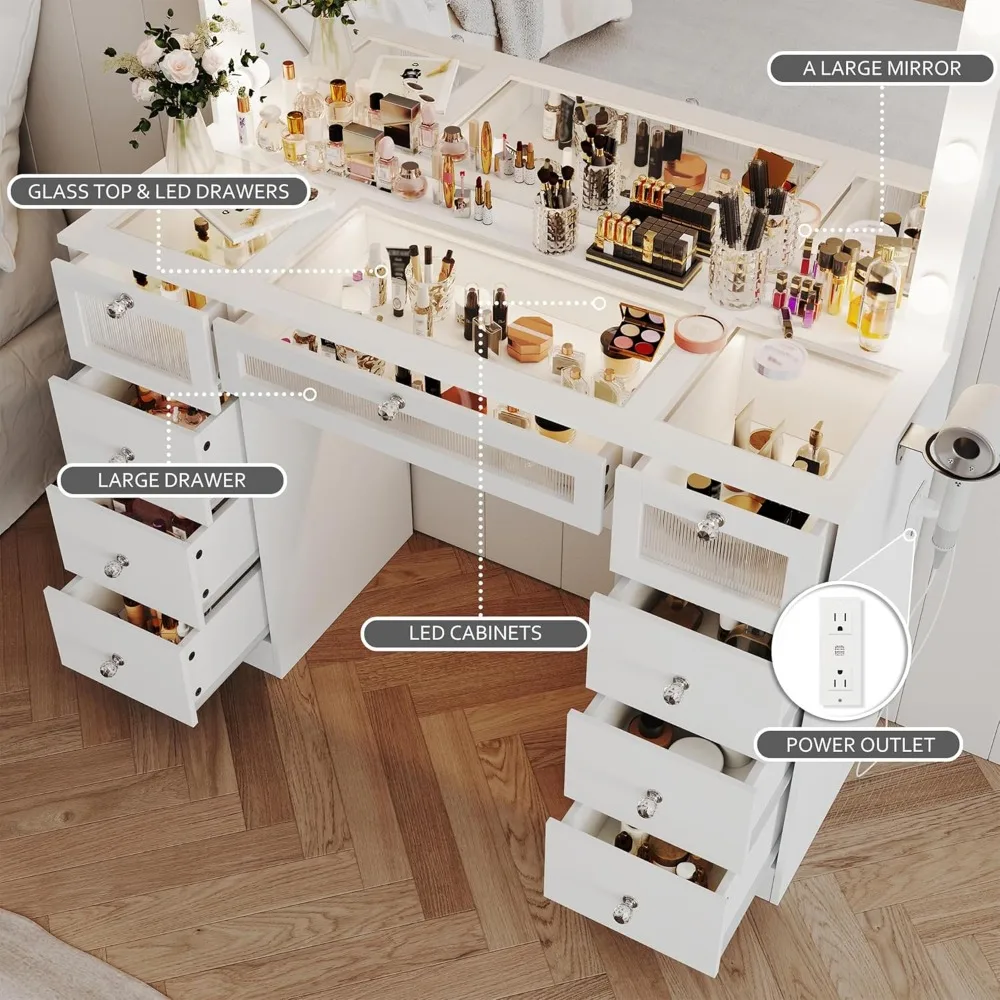 Makeup Vanity Desk with Lights and Large Mirror,Drawers Light Up Vanity,Glass Top Make Up Table with Charging Station