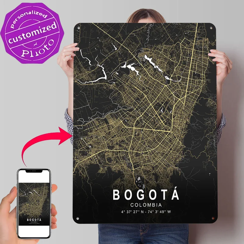 Mapa de Bogotá Silver City Personalizado, Póster Metálico Texturizado en 3D, Arte de Pared, Letreros Vintage de Metal para Decoración del Hogar, Decoración de Lujo para el Hogar