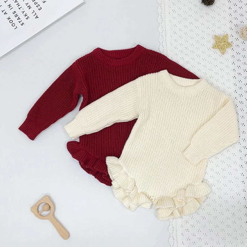 

Новинка 2023 года, весенняя трикотажная одежда для маленьких девочек 0-24 месяцев, вязаный комбинезон для маленьких девочек, однотонные вязаные боди с длинными рукавами