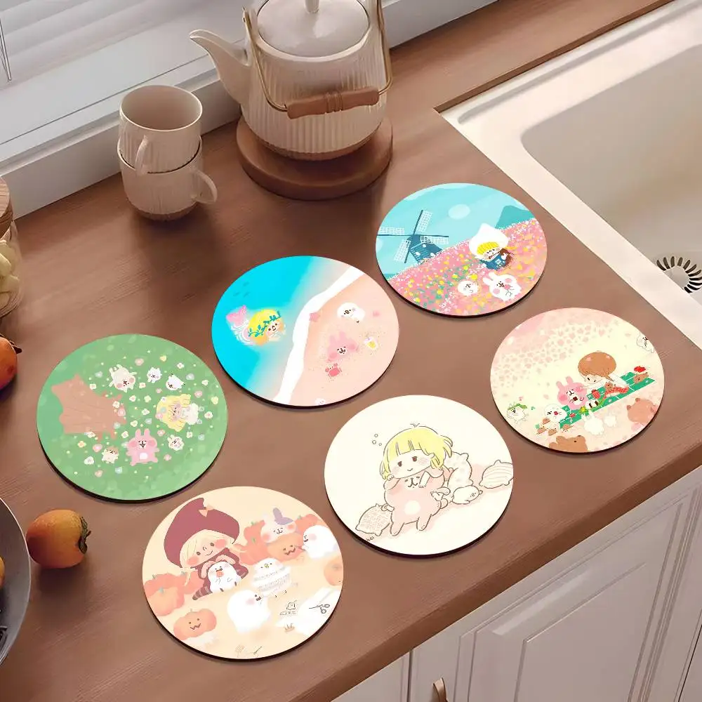 1pc Ins Style K-Kanahei Cute Wooden Coaster Colour Printing Cup Mat Home Desk Decoration Gifts