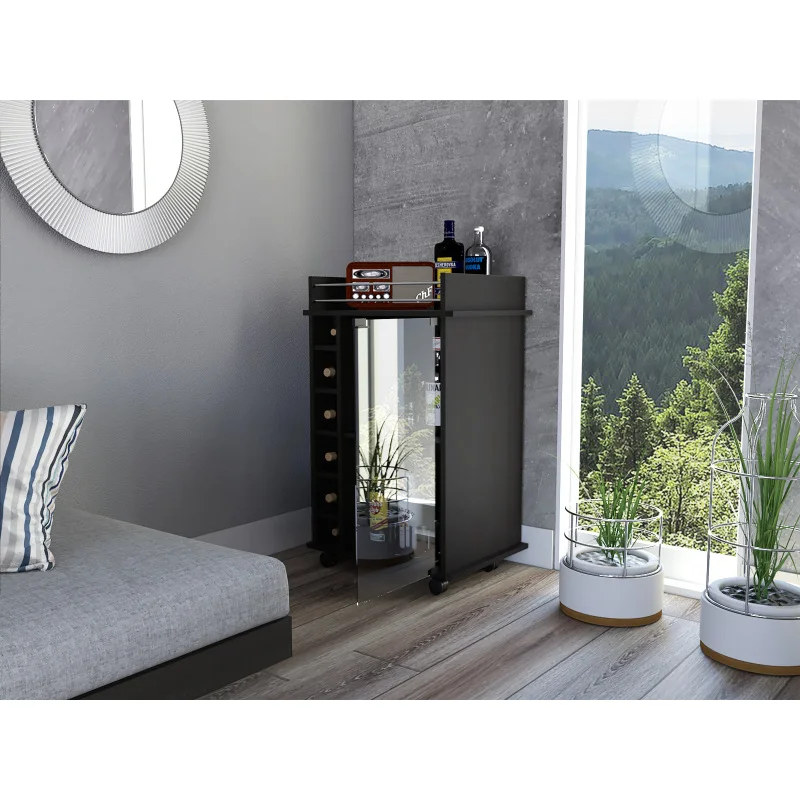 

Тележка для бара Dukat, две полки, шесть встроенных винных стоек, четыре ролика - черный