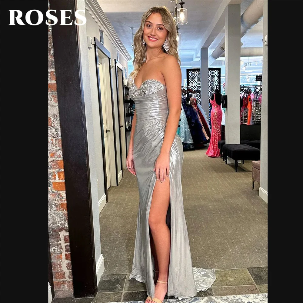 ROSES Silver فساتين السهر Beaded Sweetheart Mermaid Prom Dresses With Crystal Sleeveless Evening Dresses Side Split Party Dress