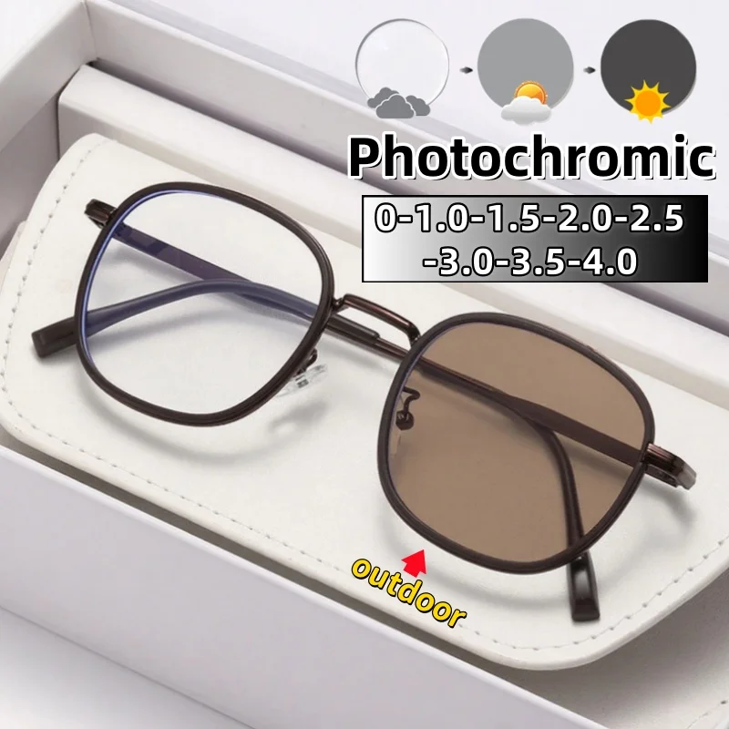 

Large Frame Photochromic Myopia Glasses Lens Turn Tea Casual Simplicity Lady and Gentleman Anti-blue Light Eyeglasses 0 To -4.0