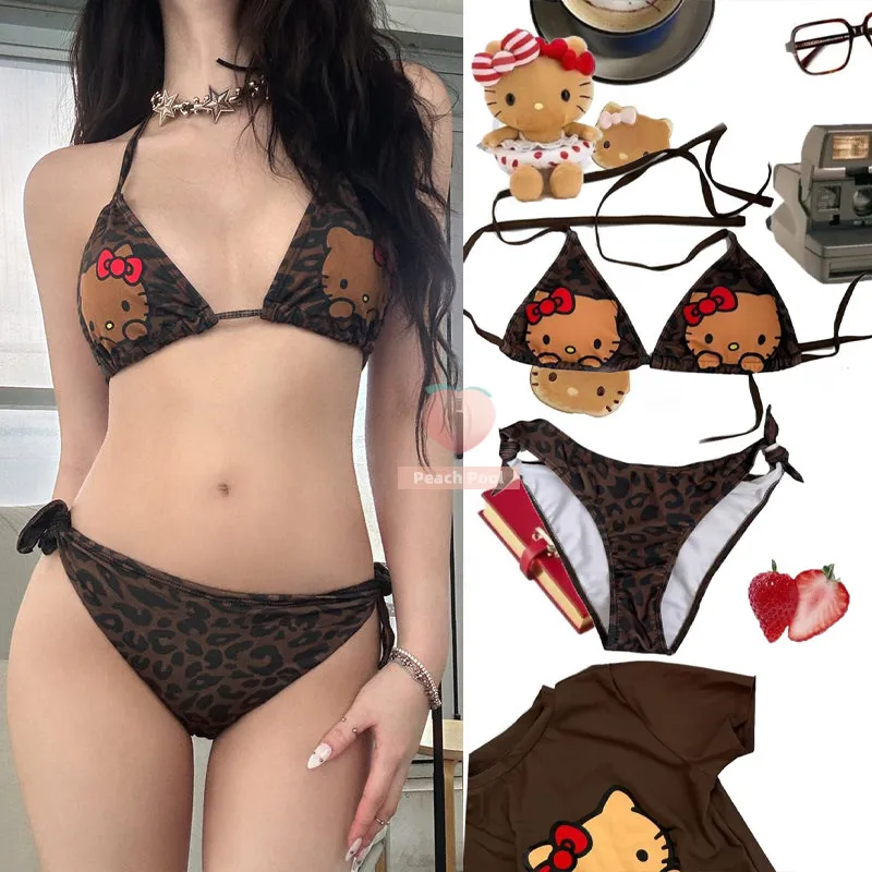 

3Pcs Anime Sanrio Hello Kitty Girl Bikini Set Sale Cute Japanese Style Swimsuit Soft Cartoon Comfortable Print Holiday Gift Ins