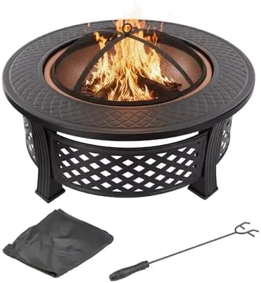 Fire Pit - 32-Inch Outdoor Fireplace with Spark Sn, Poker, and Cover - Wood-Burning Fire Pit for Yard, Patio, or