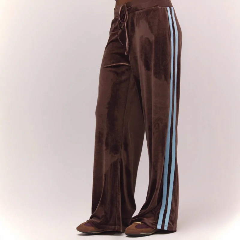 Women's Brown Velvet Wide Leg Pants Side Striped Drawstring Waist Casual Trousers