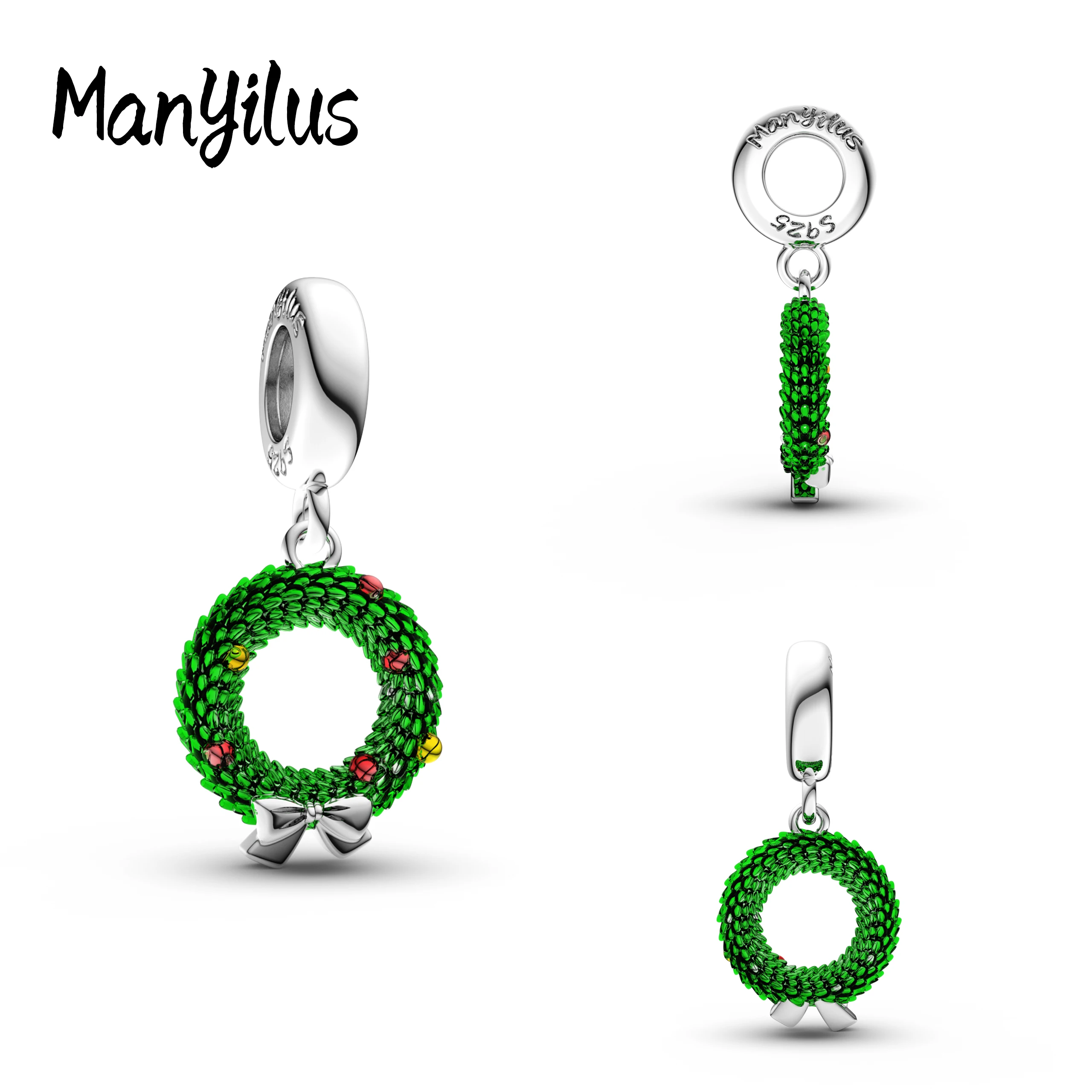 Manyilus Wreath Charm, 925 Sterling Silver Christmas Jewelry Pendant for DIY Original Bracelet, Elegant Festive Welcome Gift