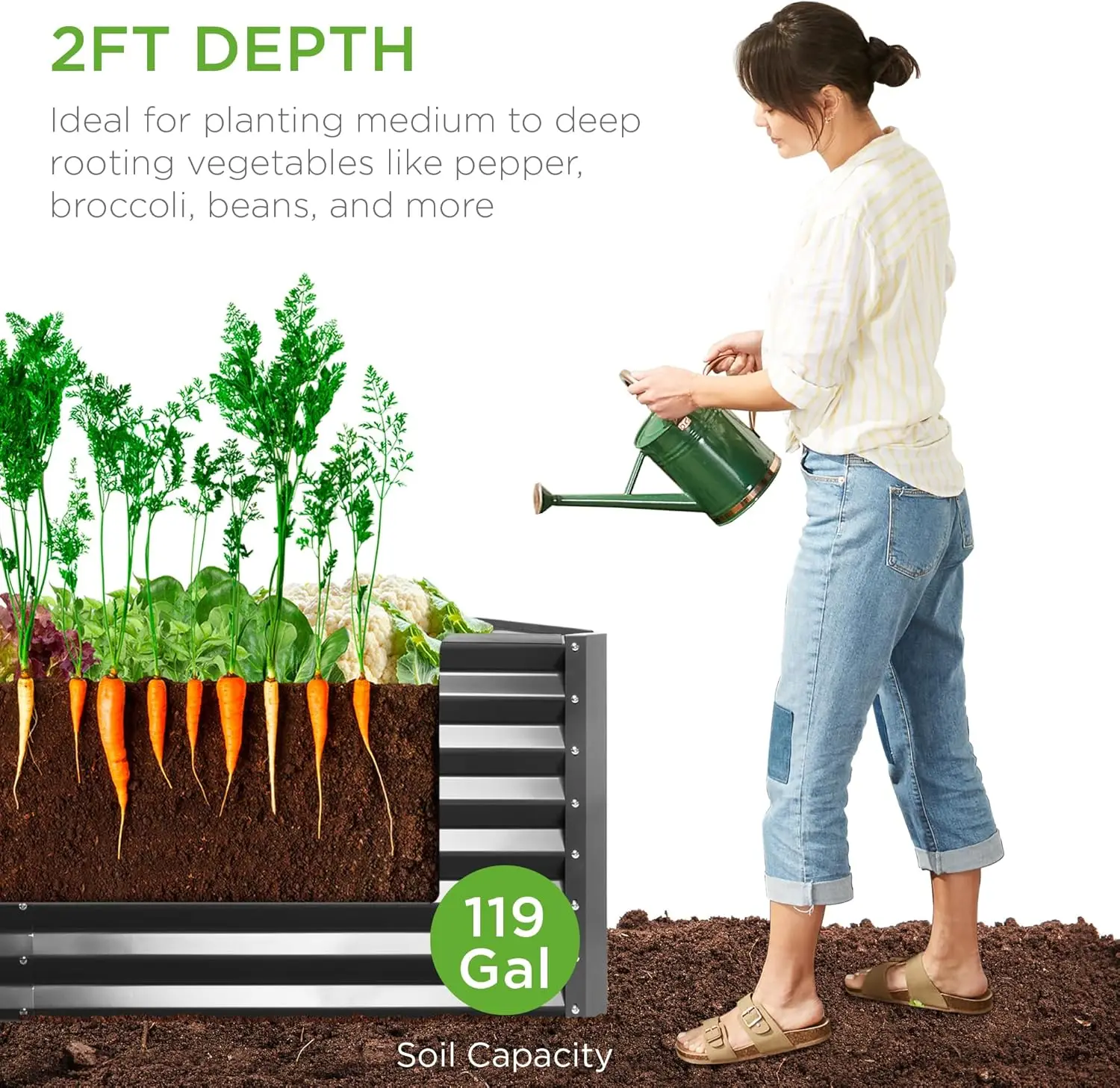 سرير حديقة مرفوع معدني خارجي مقاس 4 × 2 × 2 قدم صندوق زراعة الجذر العميق للخضروات والزهور والأعشاب بسعة 119 جالون رمادي #3