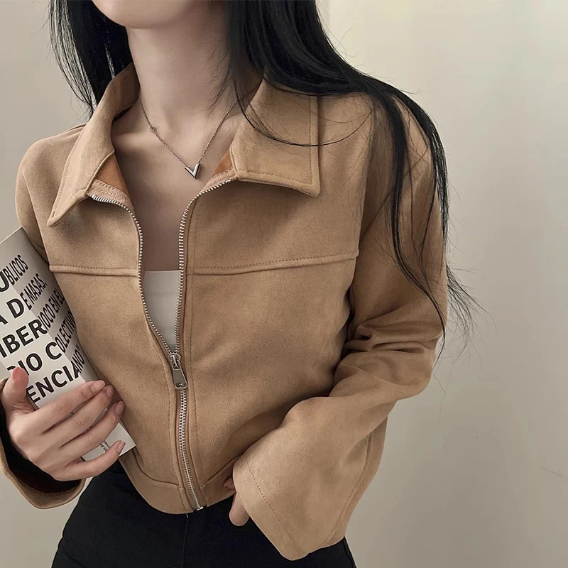 Jaqueta Curta de Couro e Veludo Retro Chic de Manga Longa para Mulheres, Casaco Solto com Zíper e Sem Gola, Estiloso para Outono