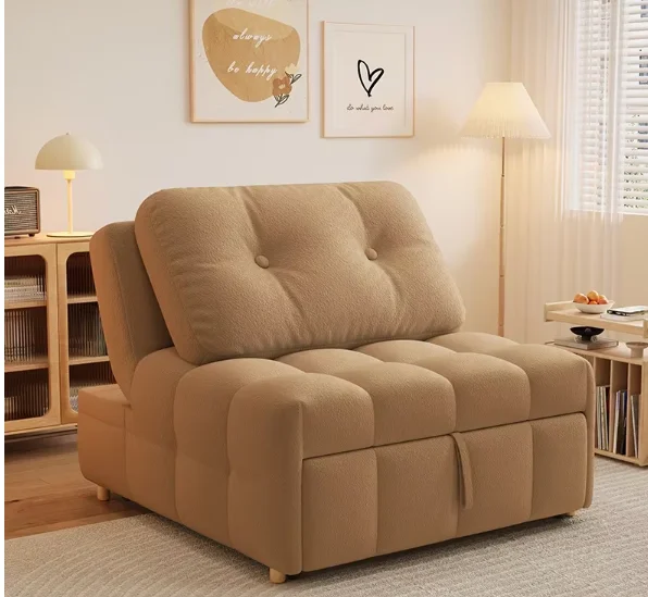 2025 New Modular Modern Folding Sofa Bed Wood Frame 4-Seater Telescopic Fabric Cream Style Square Set Small Apartment Living
