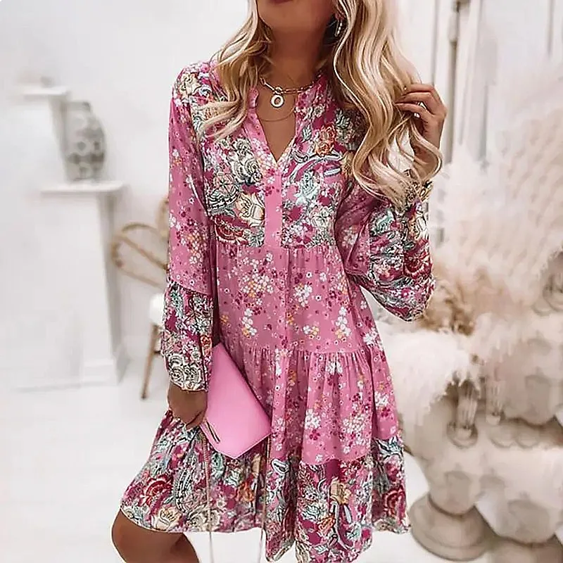 Floral Patchwork Mini Dress Spring Summer Women Casual Short Skater Dress Dresses