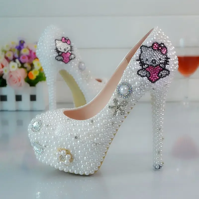 Hello Kitty zapatos de fiesta de boda con diamantes de imitación, zapatos hechos a mano, tacón alto, plataforma impermeable, lazo de boda