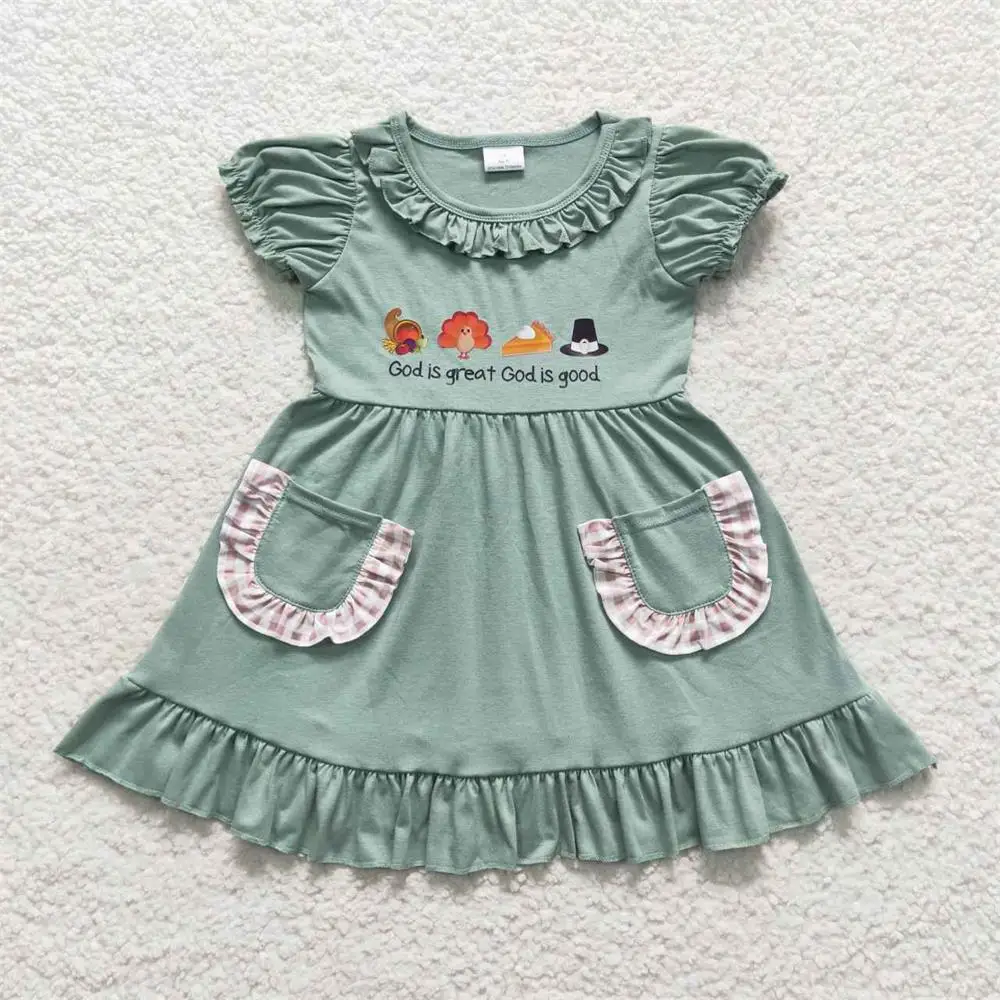 Children Pumpkin Pie Short Sleeves Green Cotton Kids Infant Thanksgiving Toddler Fall Baby Girls turkey Pocket Dress Clothes