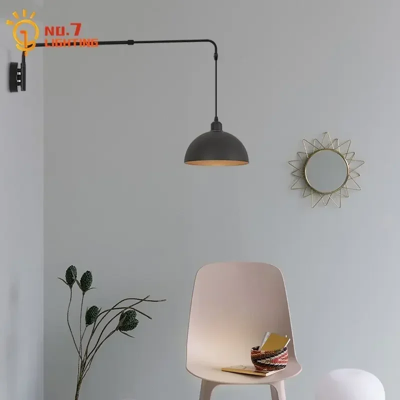 Industrial Long Pole Swing Arm Black Wall Light LED Bracket Lamp Adjustable Telescopic Rotary Interior Wall Sconces Bedroom Sofa