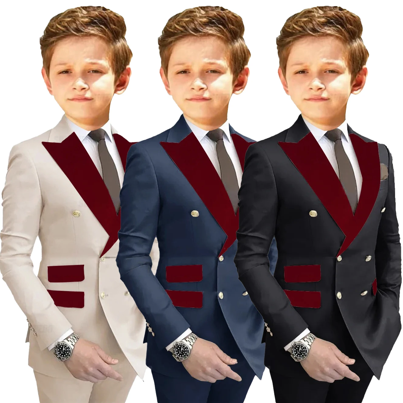 

Boys Double Breasted Suit Set with Contrast Lapel Formal Wedding Party Tuxedo Outfit Kids Gentleman Suit for Boys 3-16 Years