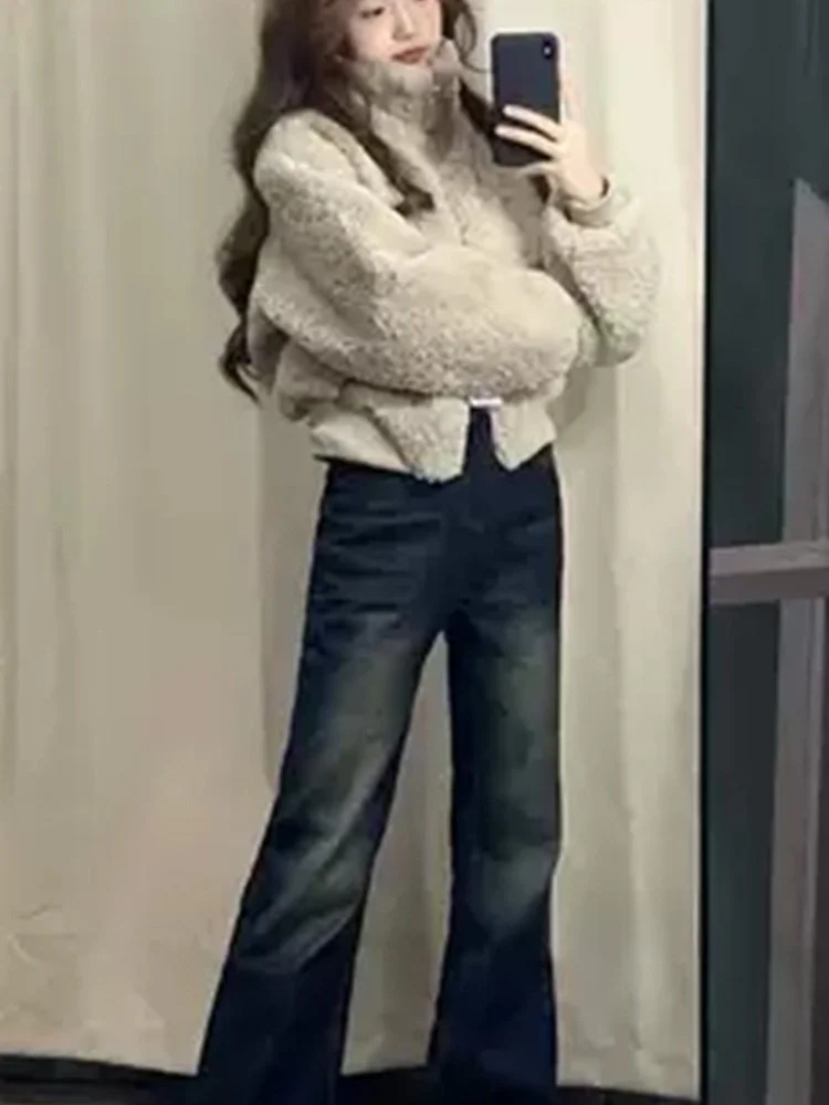 

Американский ретро воротник-стойка из меха ягненка, женская осенне-зимняя новинка, теплая свободная хлопковая одежда, модная одежда