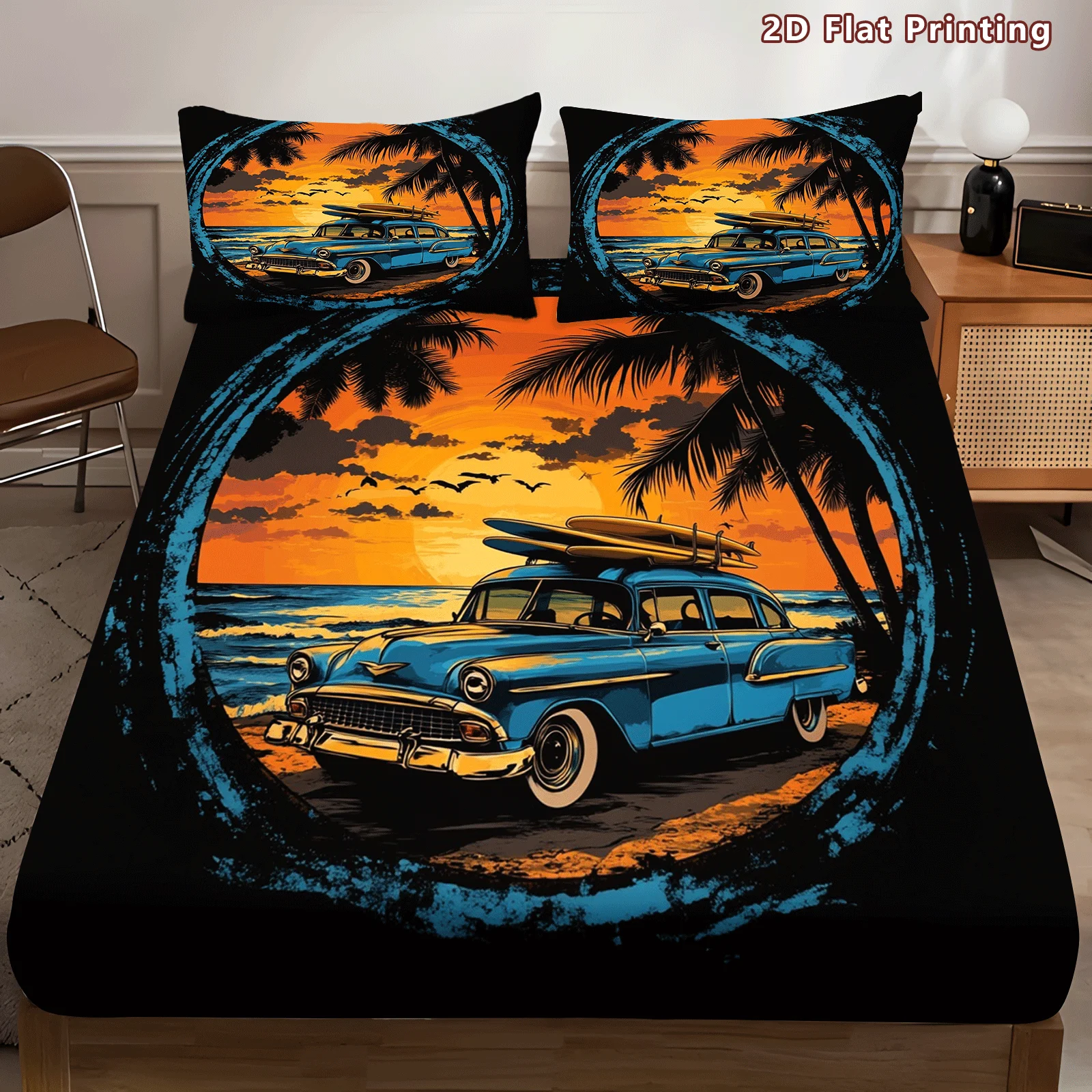 Christmas 2D Digital Print Three-Piece Bedding Set (includes 1 fitted sheet + 2 pillowcases) Mattress Protector, Fitted Sheet Style with Elastic, Protective Cover, Mattress Protector, Fitted Sheet Style Bedding, Christmas Theme Bedding, Vintage Surf and Car Print Fitted Sheet