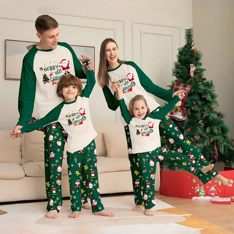 Conjunto de pijamas navideños a juego para toda la familia, con estampado de Papá Noel, manga larga, ropa de estar en casa, pijamas navideños verdes para mamá, papá y los niños.